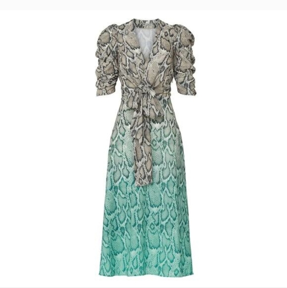 AFRM Dresses & Skirts - AFRM Snake Print Midi Dress Size M Puff Sleeve Tie Waist Green Ombre Python